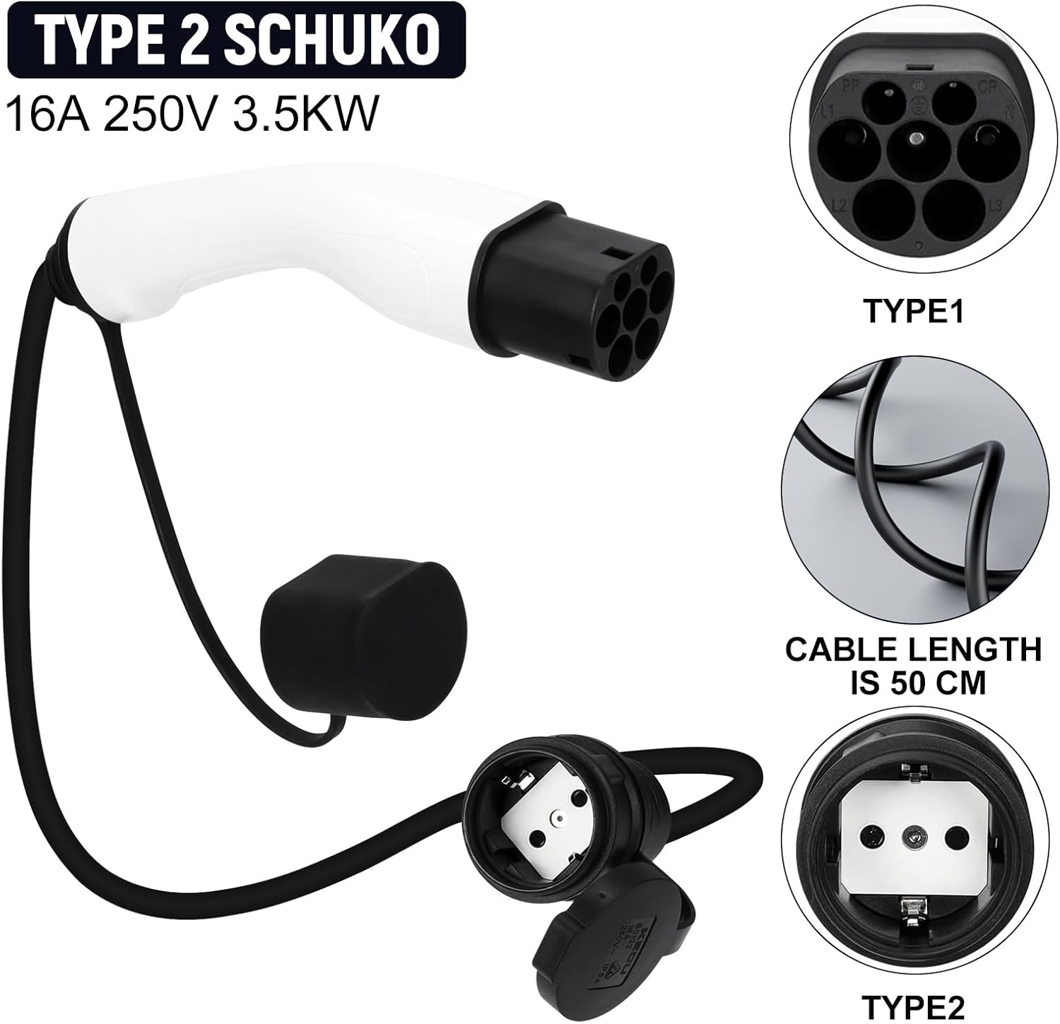 Adapter Type 2 op Schuko-stopcontact voor E-Bike, EV, 16A 3,5KW 230V laadkabel Auto, Schuko-adapter op Type 2 voor EV-laadstations, Wallbox Schuko-laadkabeladapter voor elektrische voertuigen