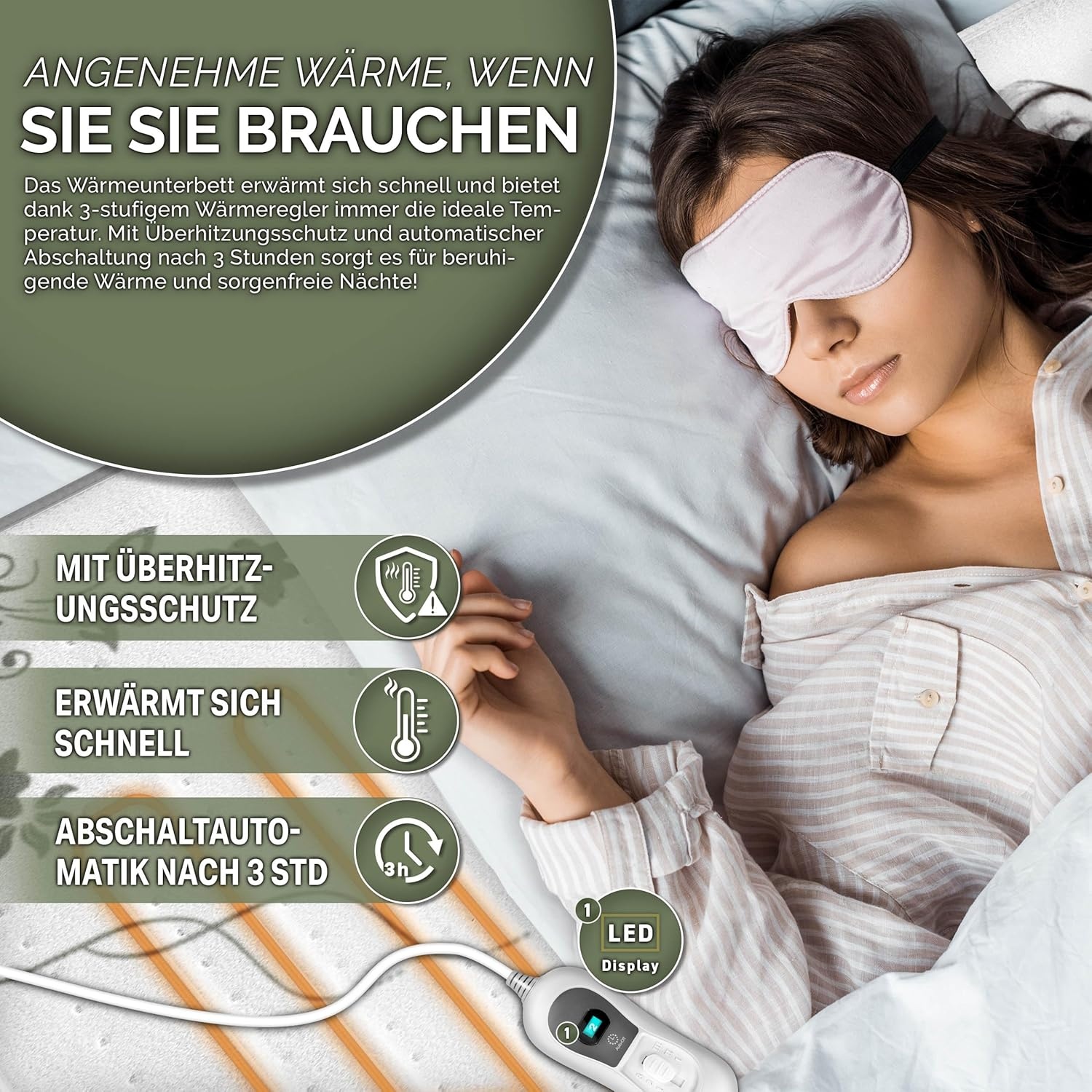 warmteonderbed van 150 x 80 cm met automatische uitschakeling, elektrisch deken met 3 temperatuurniveaus, warmteonderdeken voor op het bed, warmtedeken van zacht fleece