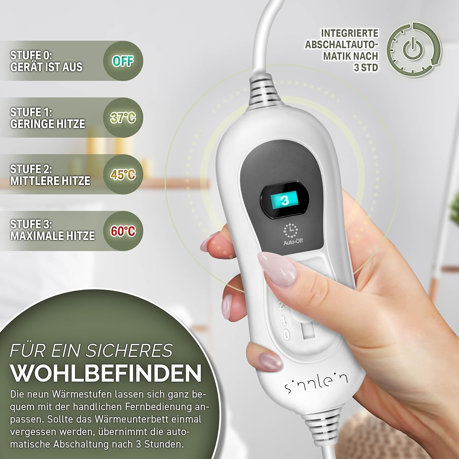 warmteonderbed van 150 x 80 cm met automatische uitschakeling, elektrisch deken met 3 temperatuurniveaus, warmteonderdeken voor op het bed, warmtedeken van zacht fleece