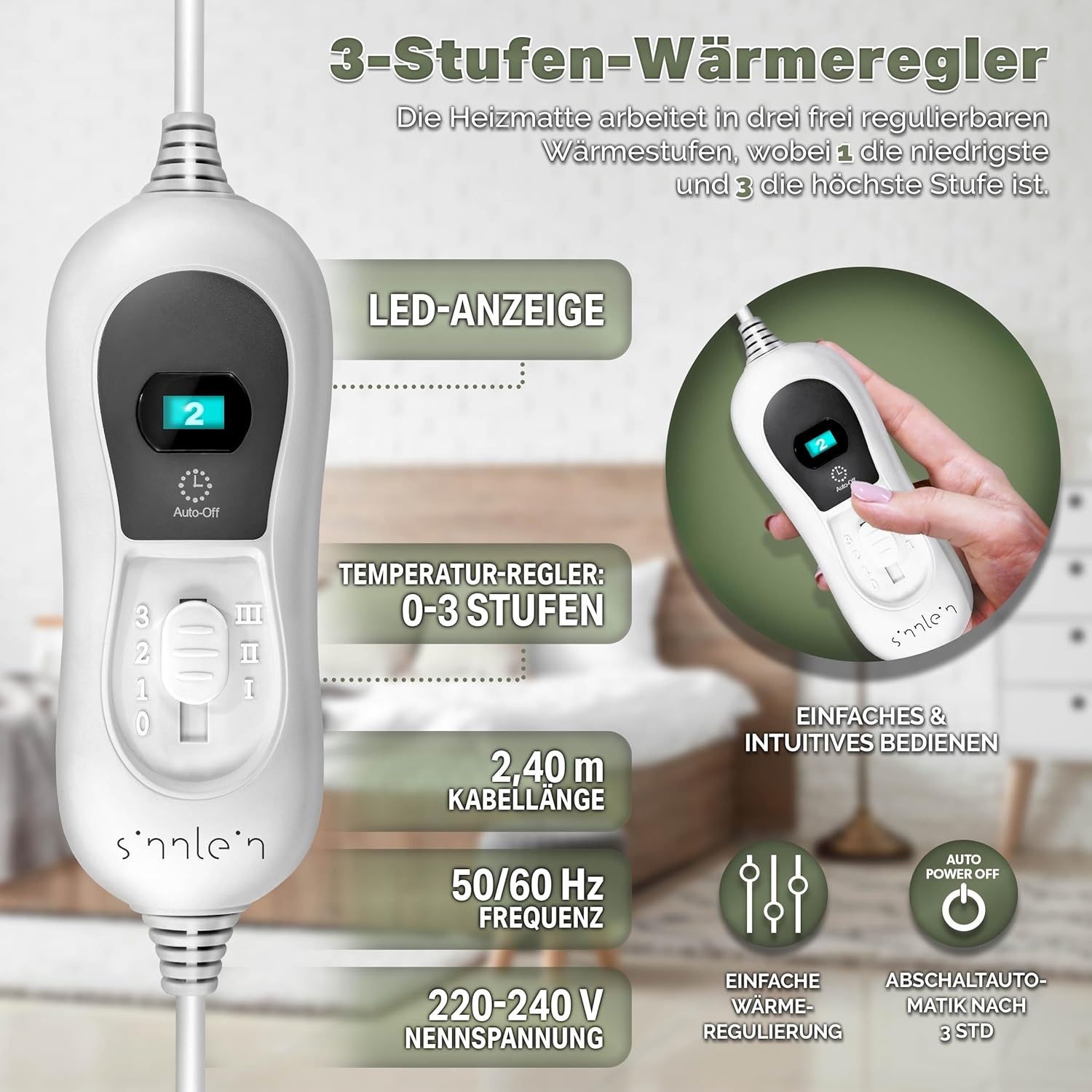 warmteonderbed van 150 x 80 cm met automatische uitschakeling, elektrisch deken met 3 temperatuurniveaus, warmteonderdeken voor op het bed, warmtedeken van zacht fleece