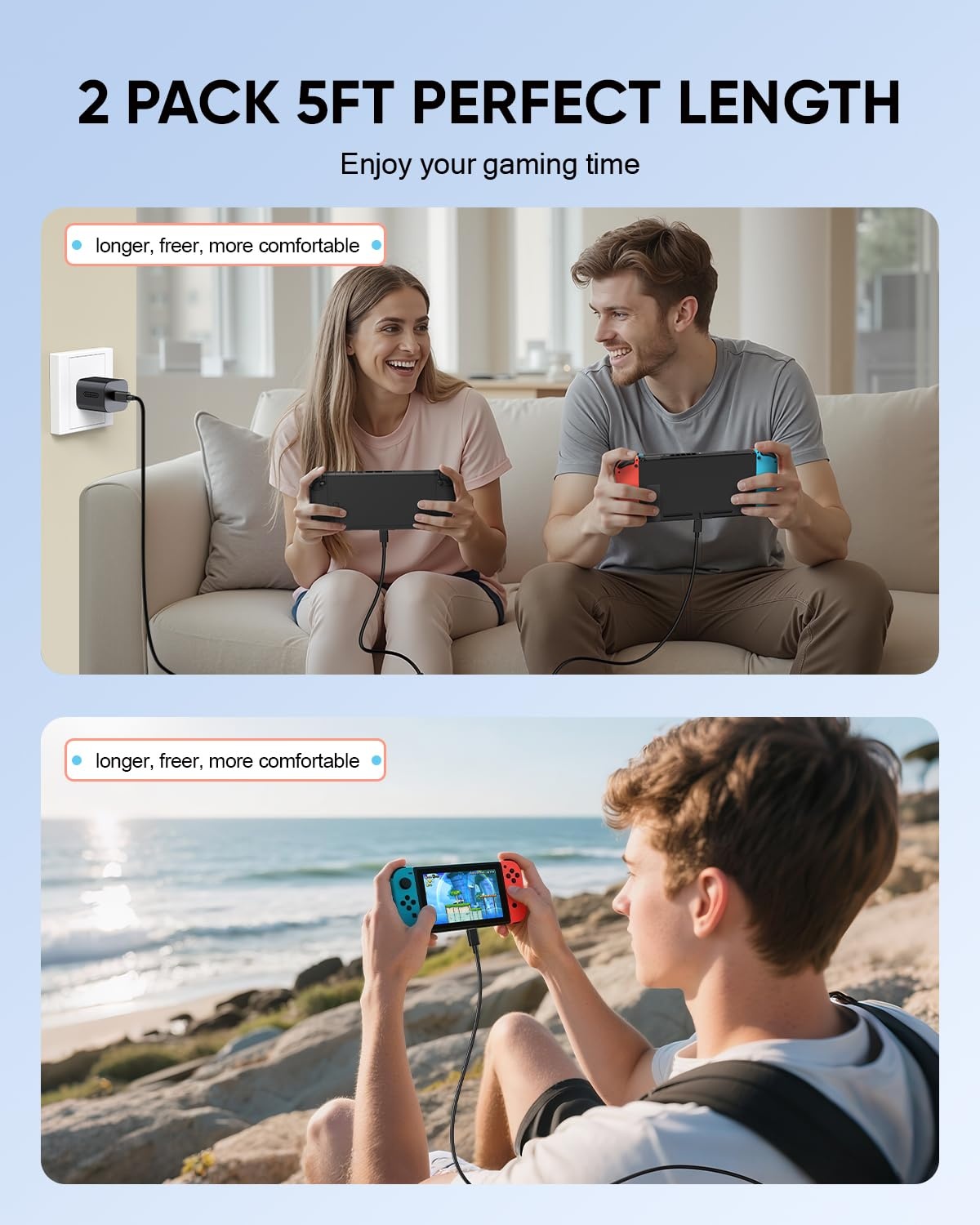 2x USB-C Snellader Kabel voor Nintendo Switch 2, 1.5M, 60W PD