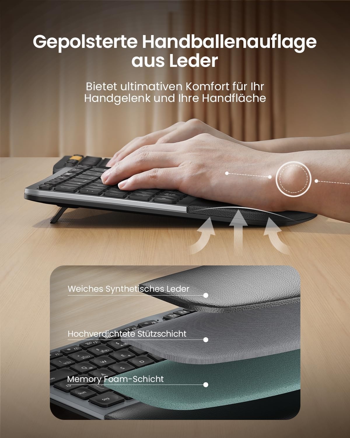 ProtoArc EK01 Plus Ergonomisch toetsenbord, QWERTZ full-size Ergo draadloos toetsenbord met polssteun, draadloos splittoetsenbord, bluetooth en USB, compatibel met Windows/Mac/Android
