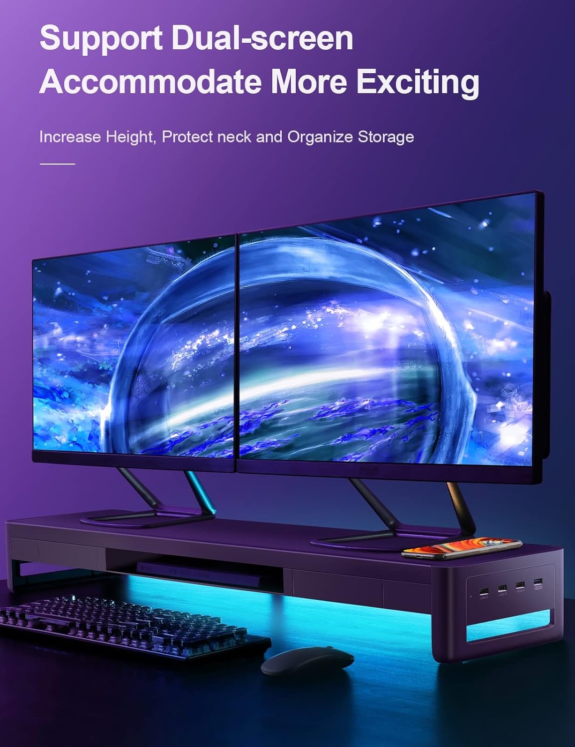 Monitorstandaard 98cm met 2 laden & 4 USB-poorten - 34% korting!