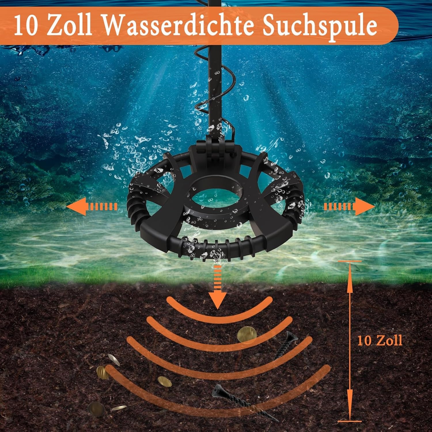 Metaaldetector, professionele set voor volwassenen, 5 modi, 10 inch detectiediepte, IP68 waterdicht, spoel, metaaldetectoren voor diepe onderwaterherkenning, geluidsherkenning
