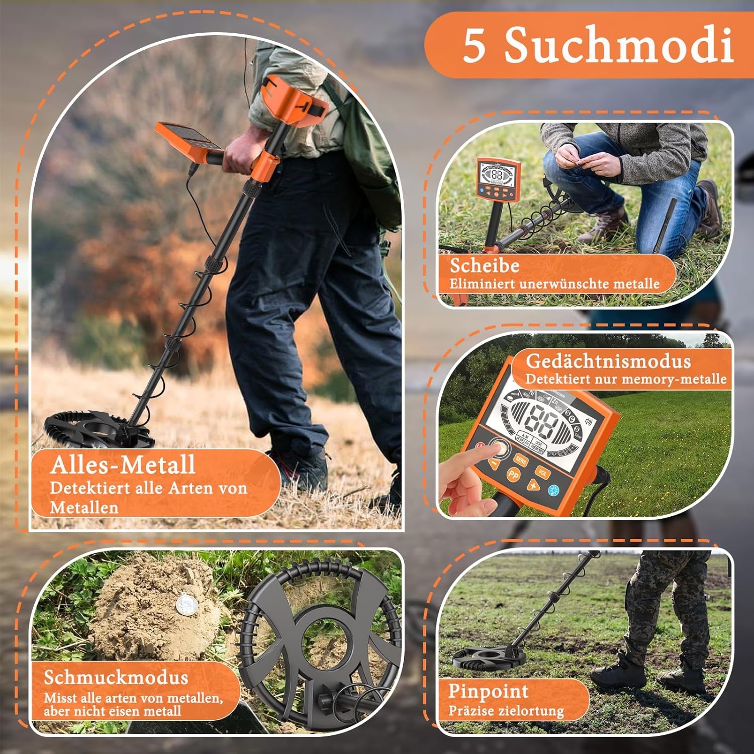 Metaaldetector, professionele set voor volwassenen, 5 modi, 10 inch detectiediepte, IP68 waterdicht, spoel, metaaldetectoren voor diepe onderwaterherkenning, geluidsherkenning