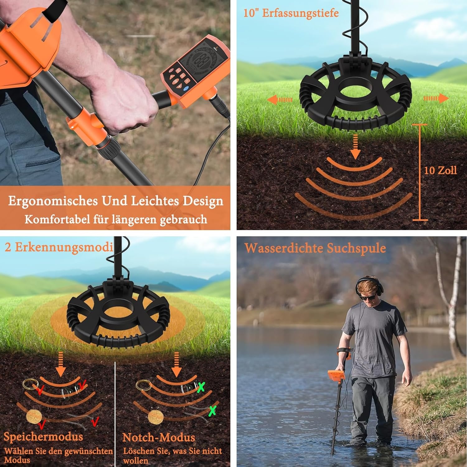 Metaaldetector, professionele set voor volwassenen, 5 modi, 10 inch detectiediepte, IP68 waterdicht, spoel, metaaldetectoren voor diepe onderwaterherkenning, geluidsherkenning