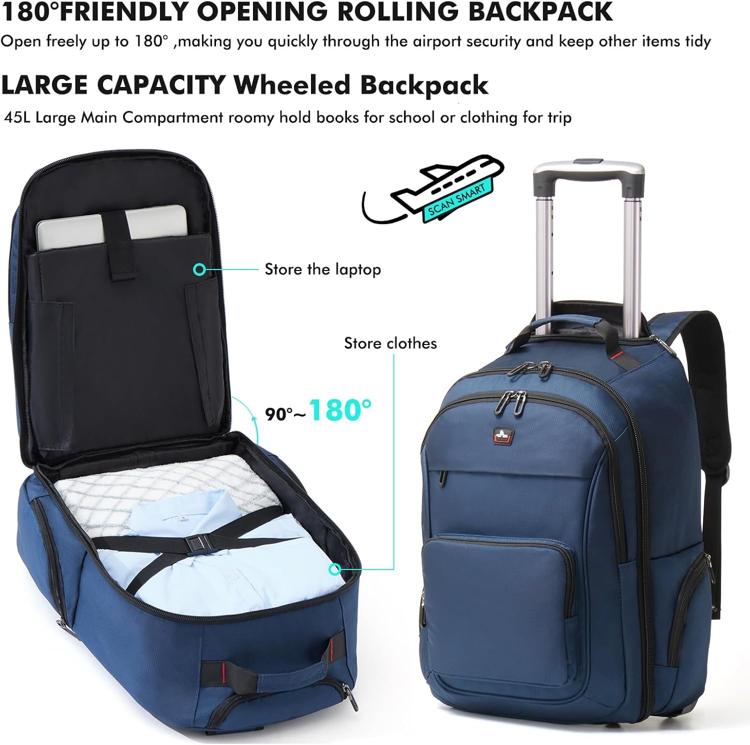 Blauwe 2-in-1 Reistrolley Rugzak met Laptopvak - 34% Korting