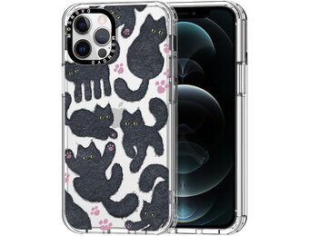 Telefoonhoesje voor iPhone 12 Pro Max, militaire valbescherming, schokabsorberend, transparant TPU bumper met Zwarte Harige Kat design