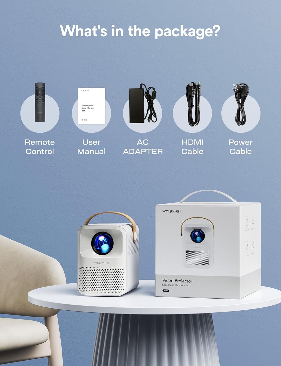 Miniprojector 4K Ondersteund, WOLFANG 200 ANSI 1080P Native Draagbare Projector, Trapeziumcorrectie, 200-inch Display Thuisbio Scoop Video Projector voor Smartphone, Tv-stick, PS5