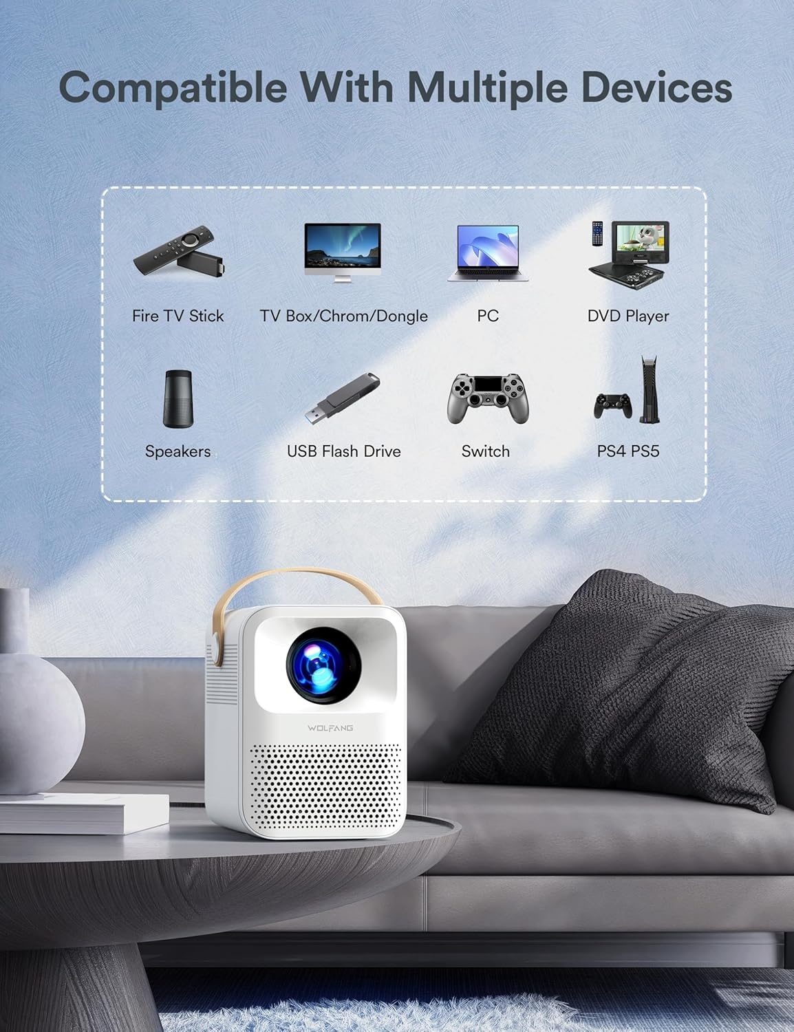 Miniprojector 4K Ondersteund, WOLFANG 200 ANSI 1080P Native Draagbare Projector, Trapeziumcorrectie, 200-inch Display Thuisbio Scoop Video Projector voor Smartphone, Tv-stick, PS5