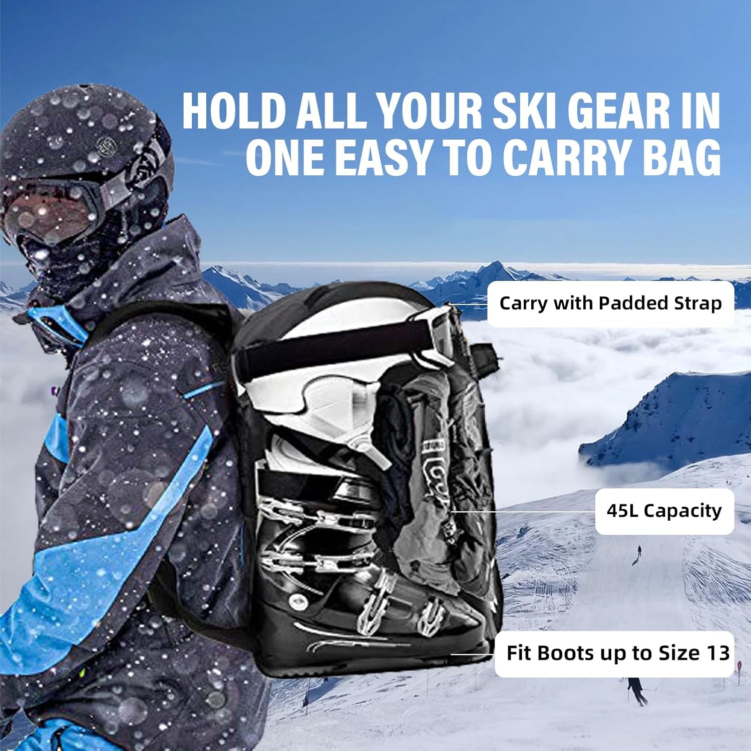 AUMTISC Skischoenentas met helmcompartiment en rugzakbanden, zwart