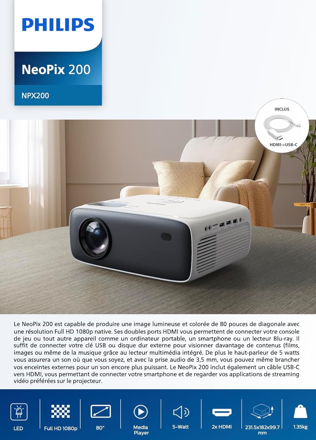 Philips NeoPix 200, Full HD 1080p beamer, hoog contrast, meerdere beeldcorrecties voor flexibele installatie, meerdere HDMI-poorten