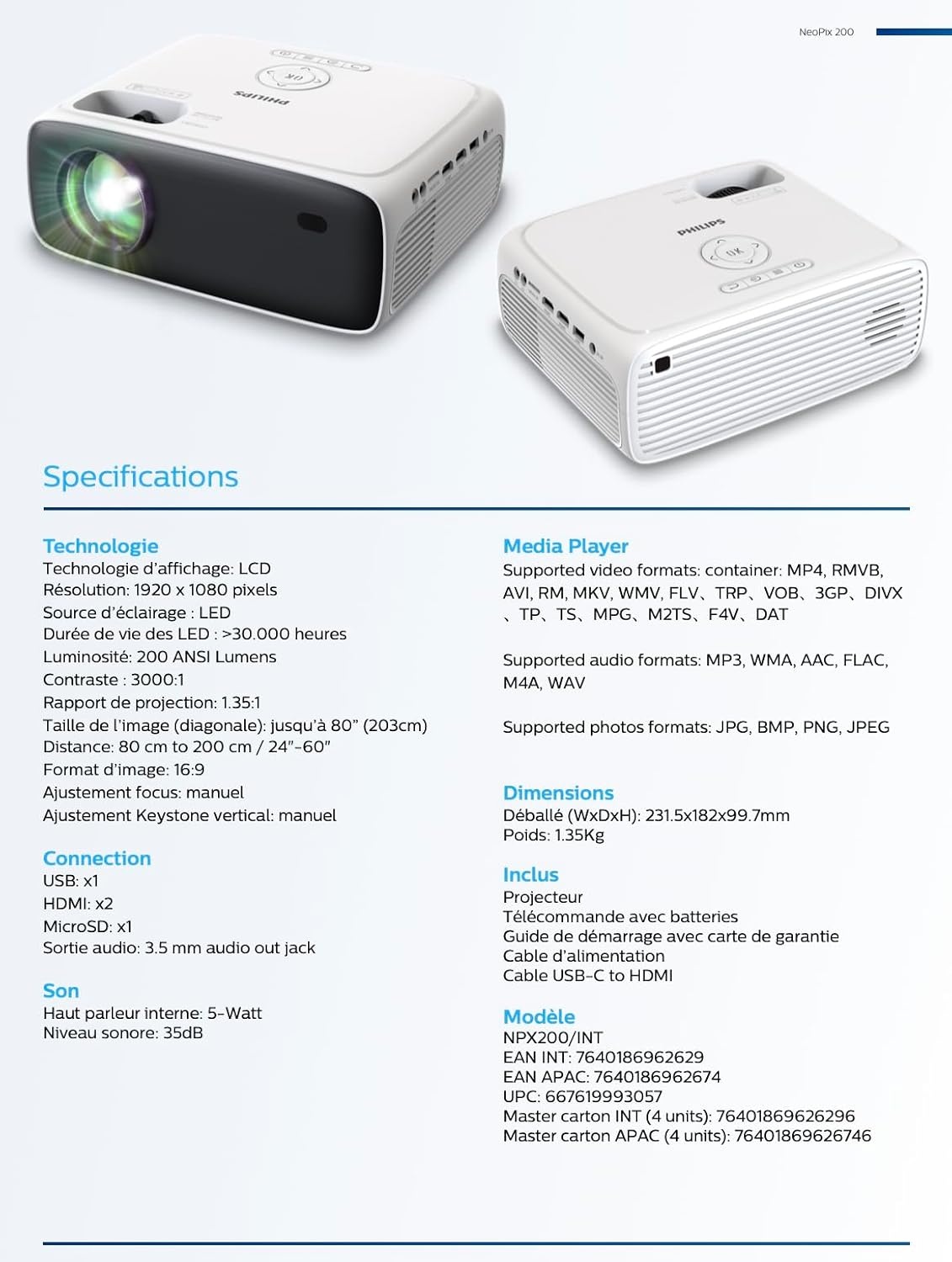 Philips NeoPix 200, Full HD 1080p beamer, hoog contrast, meerdere beeldcorrecties voor flexibele installatie, meerdere HDMI-poorten