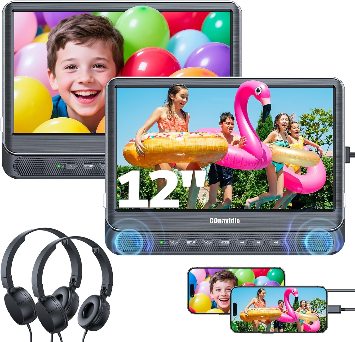 GOnavidio Dubbele DVD Speler voor Auto met 2x 12" Schermen en 1080P HDMI-ingang