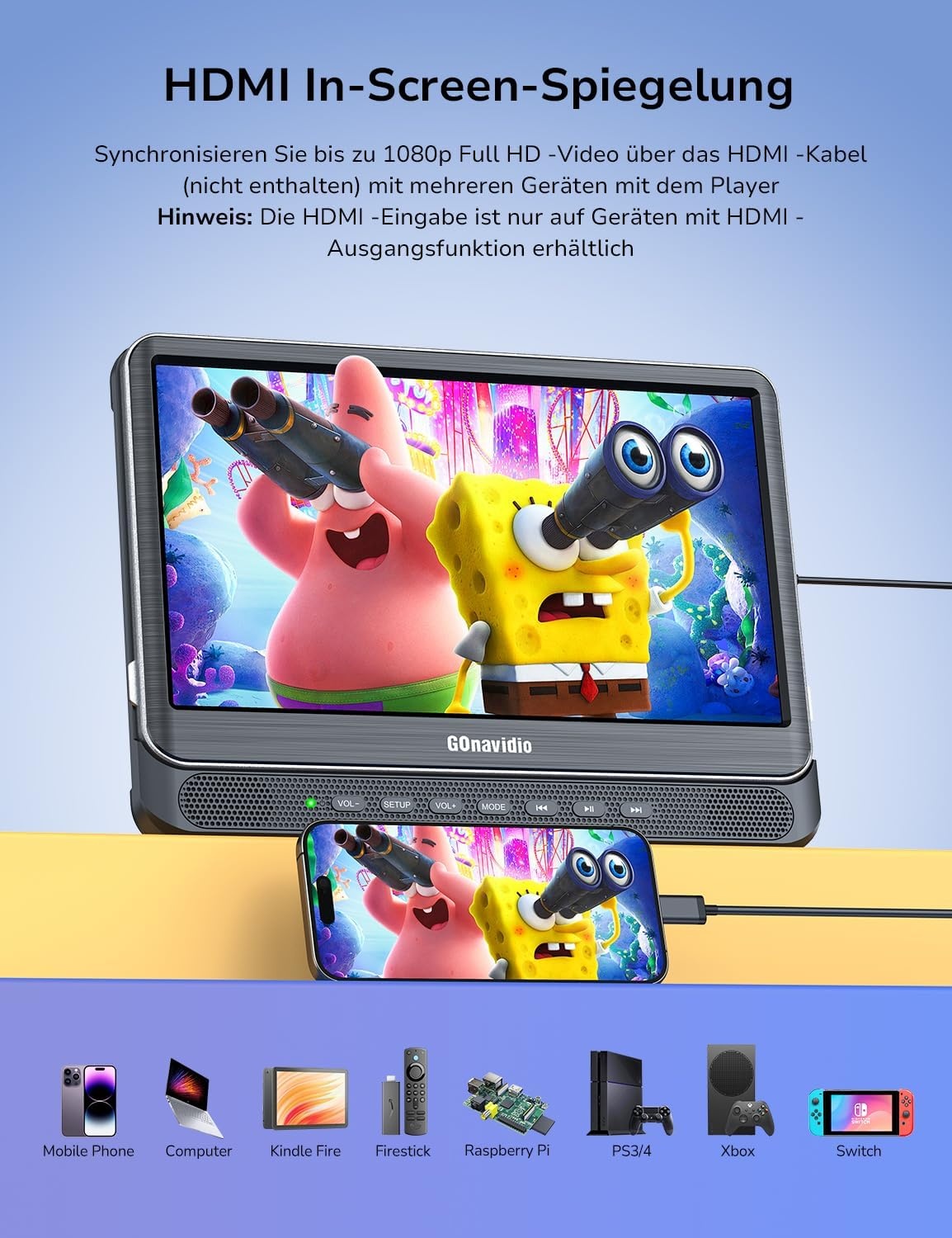 GOnavidio Dubbele DVD Speler voor Auto met 2x 12" Schermen en 1080P HDMI-ingang