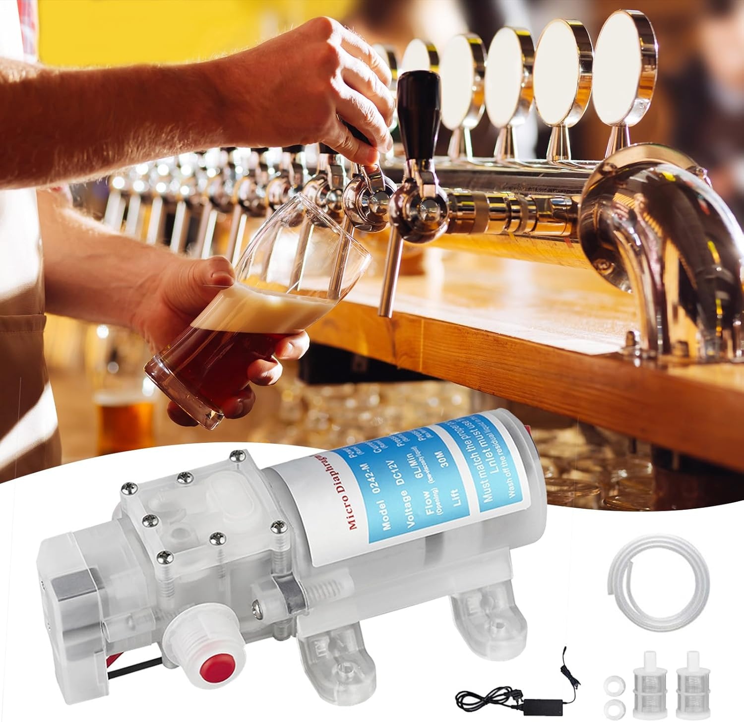 Waterpomp, bierpomp, membraanpomp, wijnpomp, elektrische wijnpomp, zelf aanzuigende pomp, snelheidsregelbaar met slang en filters voor het verpompen van wijn en bier