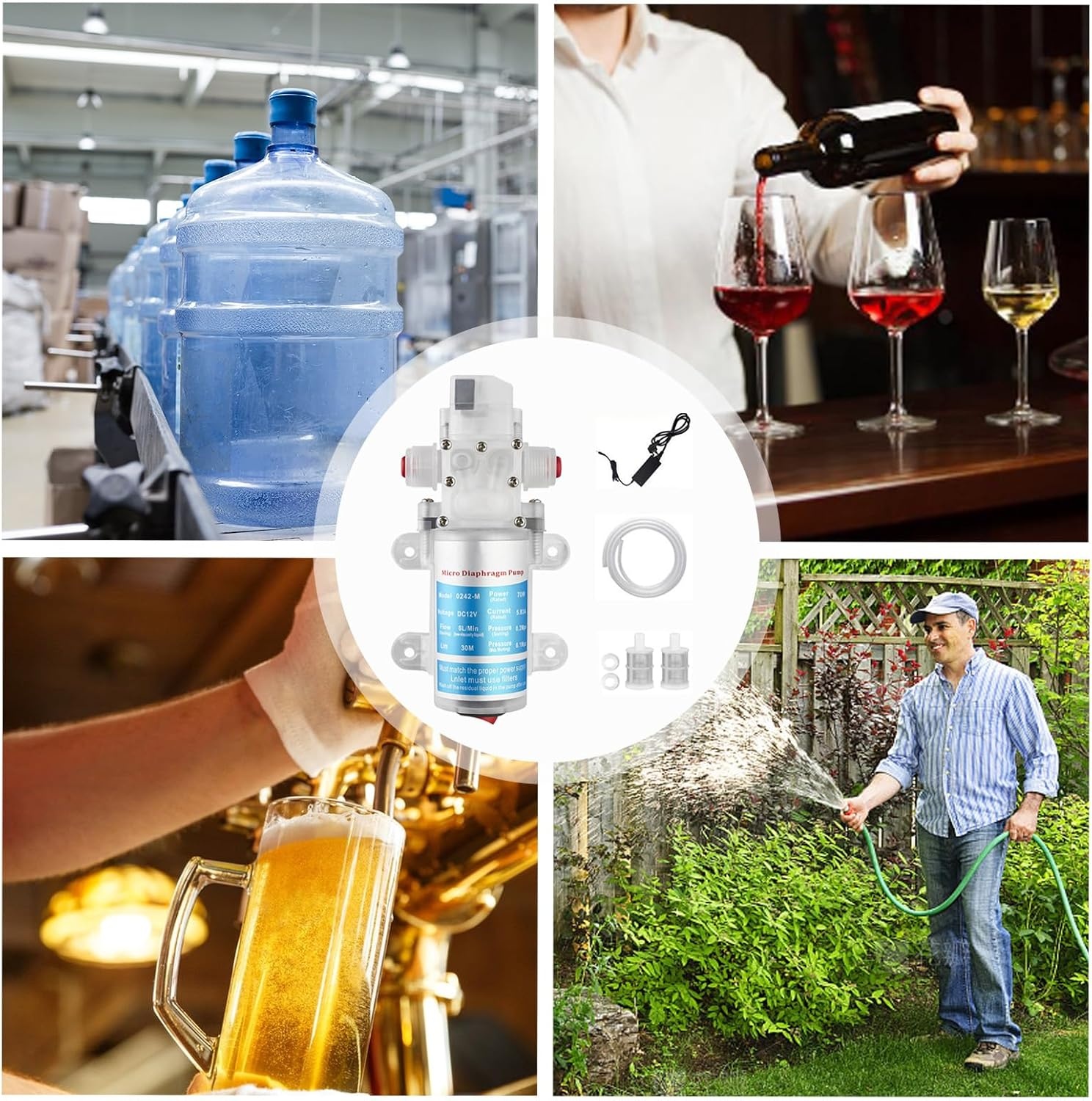 Waterpomp, bierpomp, membraanpomp, wijnpomp, elektrische wijnpomp, zelf aanzuigende pomp, snelheidsregelbaar met slang en filters voor het verpompen van wijn en bier