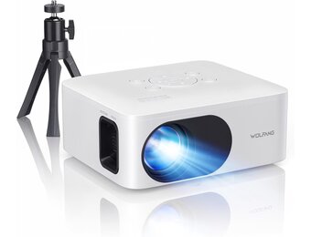 WOLFANG Mini Projector met Statief, 1080P Full HD Draagbare Telefoonprojector, Buiten Home Theater Filmprojector Compatibel met HDMI, USB, Smartphone, Tablet, PC, TV Stick, AV, Micro SD Kaart