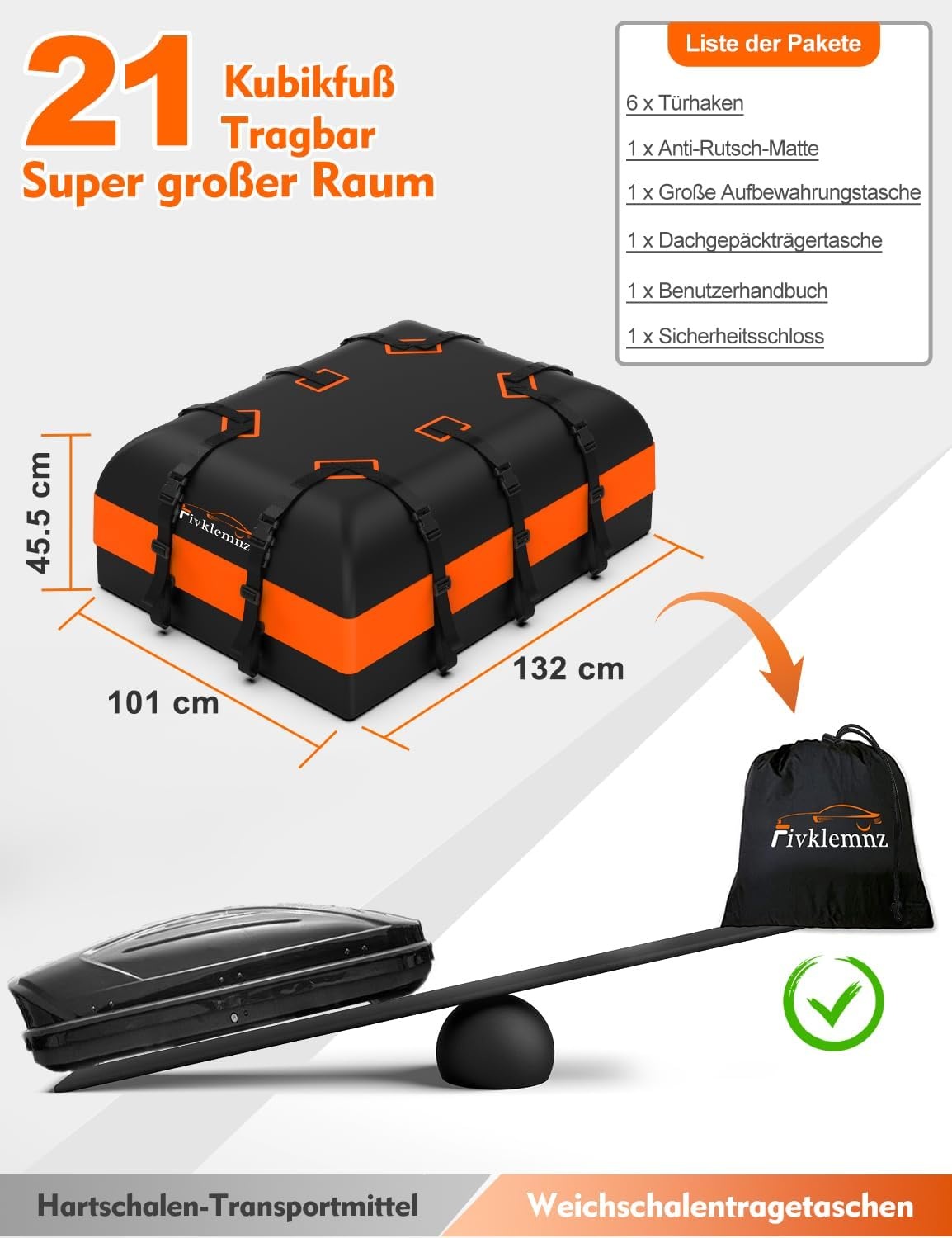 FIVKLEMNZ Dakkoffer auto, dakbagagedragertas, waterdicht, voor alle voertuigdaken met/zonder bagagedrager, inclusief topper, antislipmat, versterkte riemen, 6 deurhaken + bagageslot, 5 kubieke meter