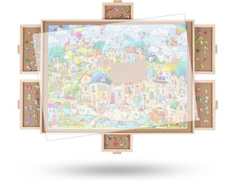 Draaiend Puzzlebord 1500 Stukjes met 6 Laden en Afdekhoes - 64 x 87 cm Houten Puzzle Tafel voor Volwassenen