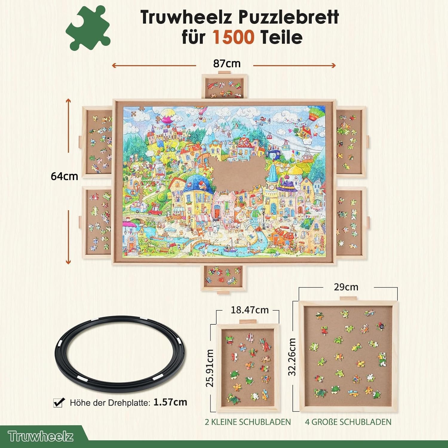 Draaiend Puzzlebord 1500 Stukjes met 6 Laden en Afdekhoes - 64 x 87 cm Houten Puzzle Tafel voor Volwassenen
