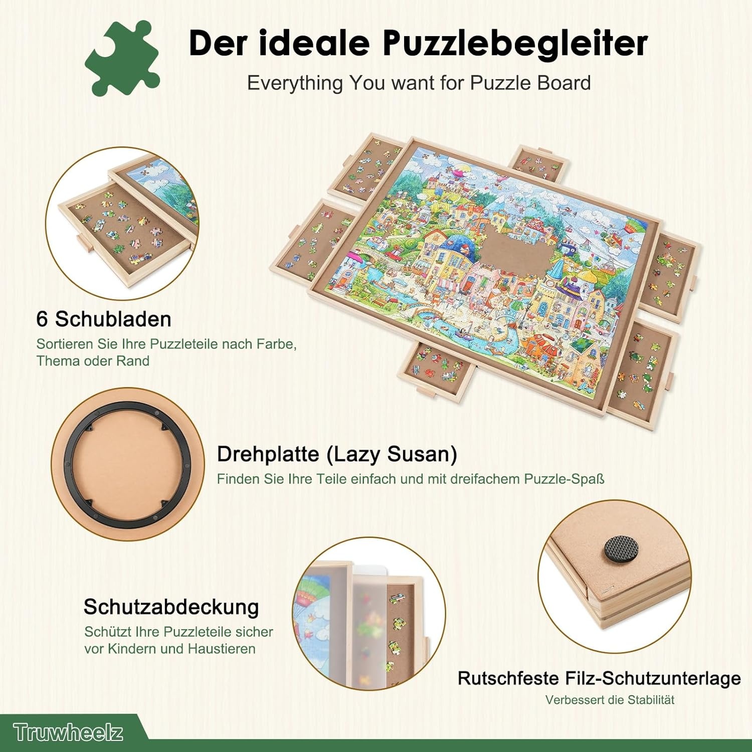 Draaiend Puzzlebord 1500 Stukjes met 6 Laden en Afdekhoes - 64 x 87 cm Houten Puzzle Tafel voor Volwassenen