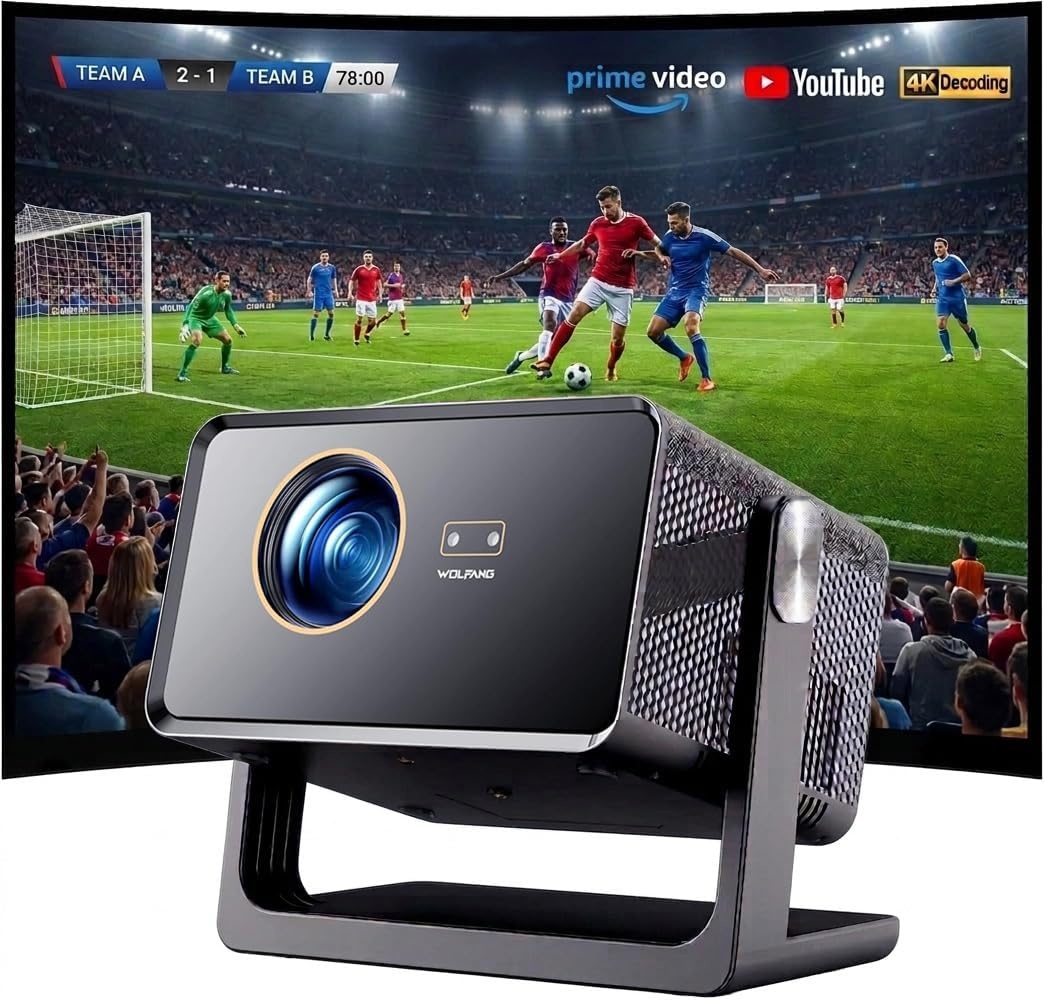 WOLFANG 4K Smart Beamer【Netflix Official & Autofocus/Keystone】28000 Lumen, WiFi 6 Draagbare Beamer met 5.2G Bluetooth, Home Theater Projector met 180° Verstelbare standaard voor 300" Schermen