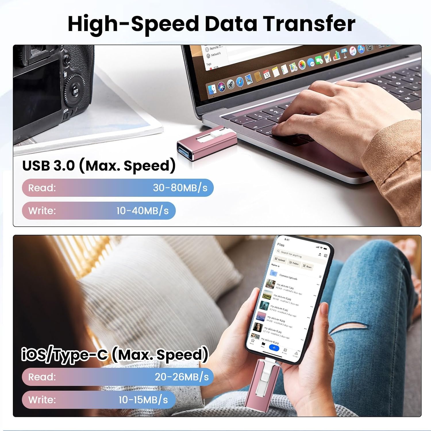 USB-stick 256 GB voor iPhone iPad Android PC, MFi-gecertificeerde 4-in-1 geheugenstick met USB-C, Light-ning, micro-USB & USB 3.0, flash drive voor uitbreiding van het telefoongeheugen, back-up foto's