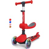Stompa Kinderstep, 3 jaar, 2-in-1, kinderstep vanaf 2 jaar, tot 50 kg, met inklapbaar zitje en led-wielen, in hoogte verstelbaar, opvouwbaar, voor kleine kinderen, jongens en meisjes, rood
