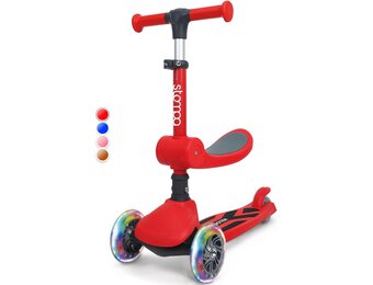 Stompa Kinderstep, 3 jaar, 2-in-1, kinderstep vanaf 2 jaar, tot 50 kg, met inklapbaar zitje en led-wielen, in hoogte verstelbaar, opvouwbaar, voor kleine kinderen, jongens en meisjes, rood
