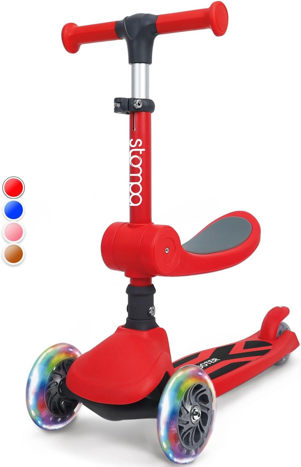 Stompa Kinderstep, 3 jaar, 2-in-1, kinderstep vanaf 2 jaar, tot 50 kg, met inklapbaar zitje en led-wielen, in hoogte verstelbaar, opvouwbaar, voor kleine kinderen, jongens en meisjes, rood