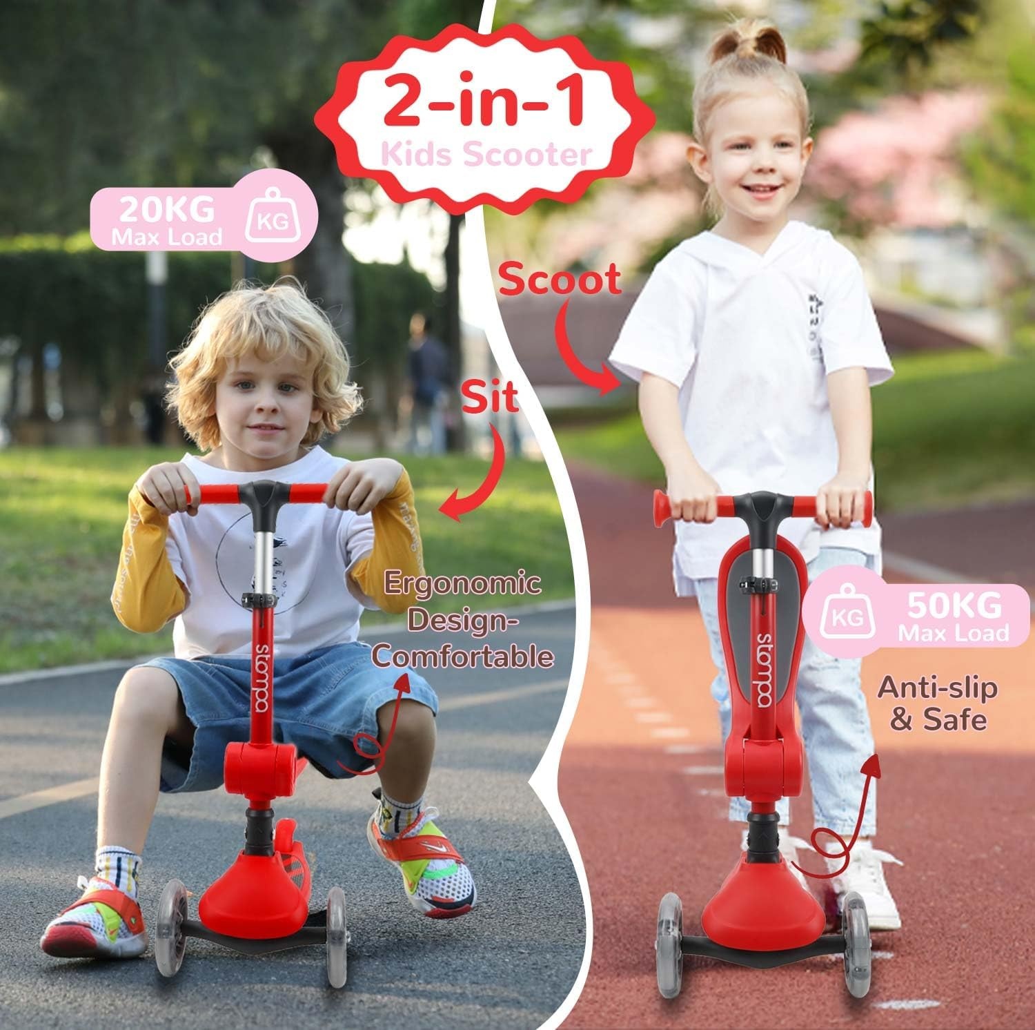 Stompa Kinderstep, 3 jaar, 2-in-1, kinderstep vanaf 2 jaar, tot 50 kg, met inklapbaar zitje en led-wielen, in hoogte verstelbaar, opvouwbaar, voor kleine kinderen, jongens en meisjes, rood