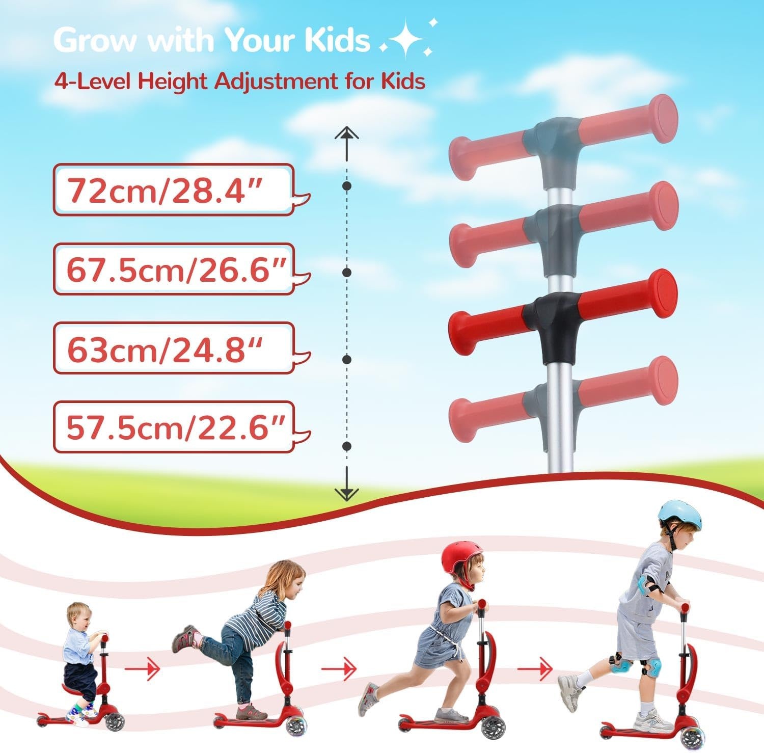 Stompa Kinderstep, 3 jaar, 2-in-1, kinderstep vanaf 2 jaar, tot 50 kg, met inklapbaar zitje en led-wielen, in hoogte verstelbaar, opvouwbaar, voor kleine kinderen, jongens en meisjes, rood
