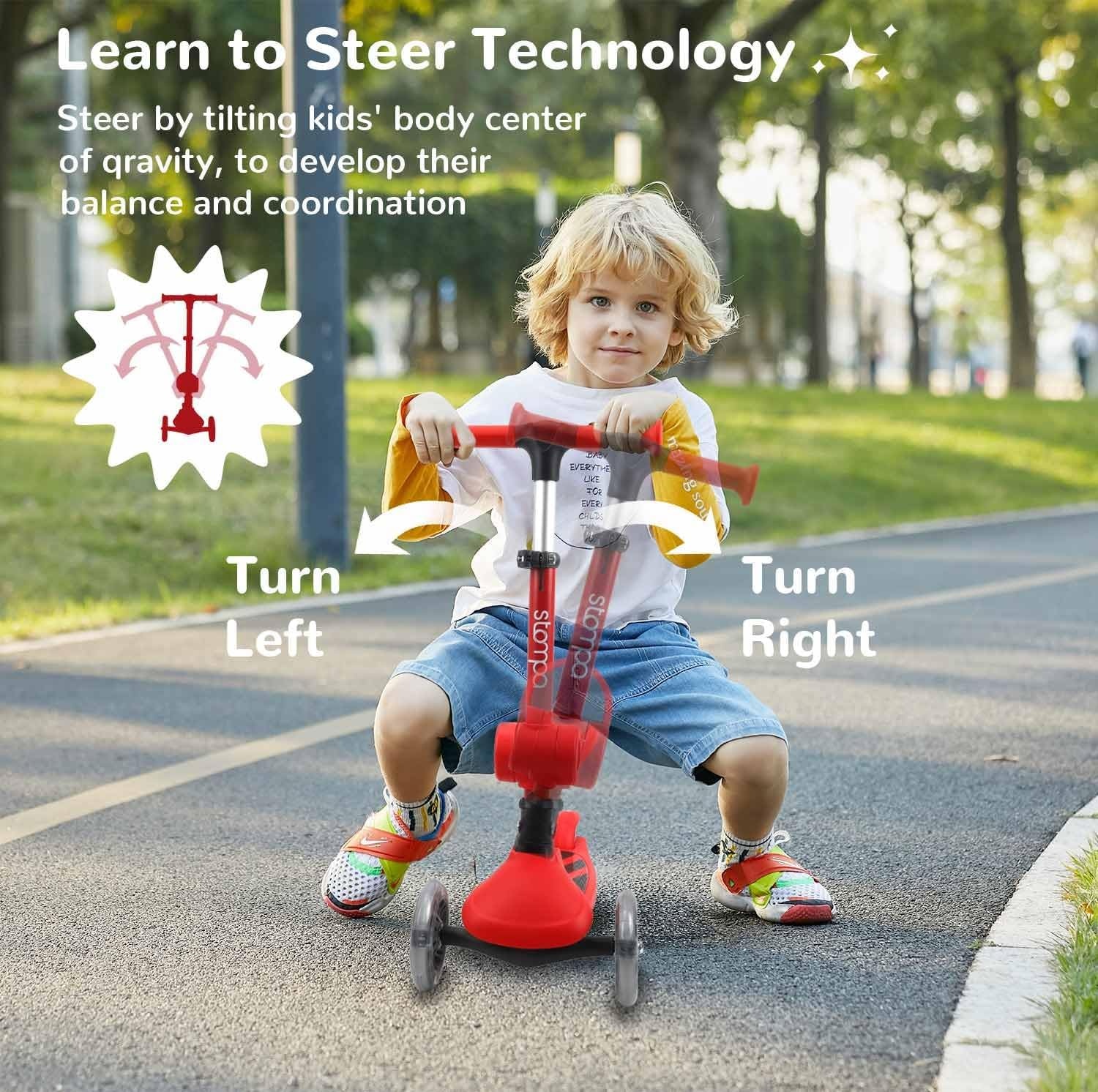 Stompa Kinderstep, 3 jaar, 2-in-1, kinderstep vanaf 2 jaar, tot 50 kg, met inklapbaar zitje en led-wielen, in hoogte verstelbaar, opvouwbaar, voor kleine kinderen, jongens en meisjes, rood