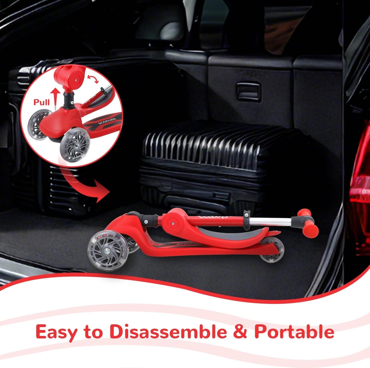 Stompa Kinderstep, 3 jaar, 2-in-1, kinderstep vanaf 2 jaar, tot 50 kg, met inklapbaar zitje en led-wielen, in hoogte verstelbaar, opvouwbaar, voor kleine kinderen, jongens en meisjes, rood