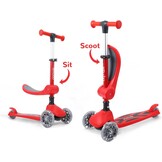 Stompa Kinderstep, 3 jaar, 2-in-1, kinderstep vanaf 2 jaar, tot 50 kg, met inklapbaar zitje en led-wielen, in hoogte verstelbaar, opvouwbaar, voor kleine kinderen, jongens en meisjes, rood