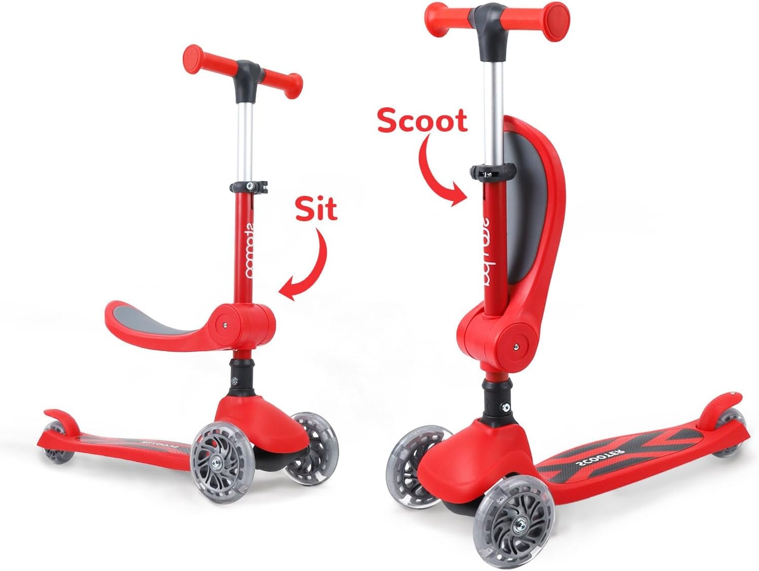 Stompa Kinderstep, 3 jaar, 2-in-1, kinderstep vanaf 2 jaar, tot 50 kg, met inklapbaar zitje en led-wielen, in hoogte verstelbaar, opvouwbaar, voor kleine kinderen, jongens en meisjes, rood