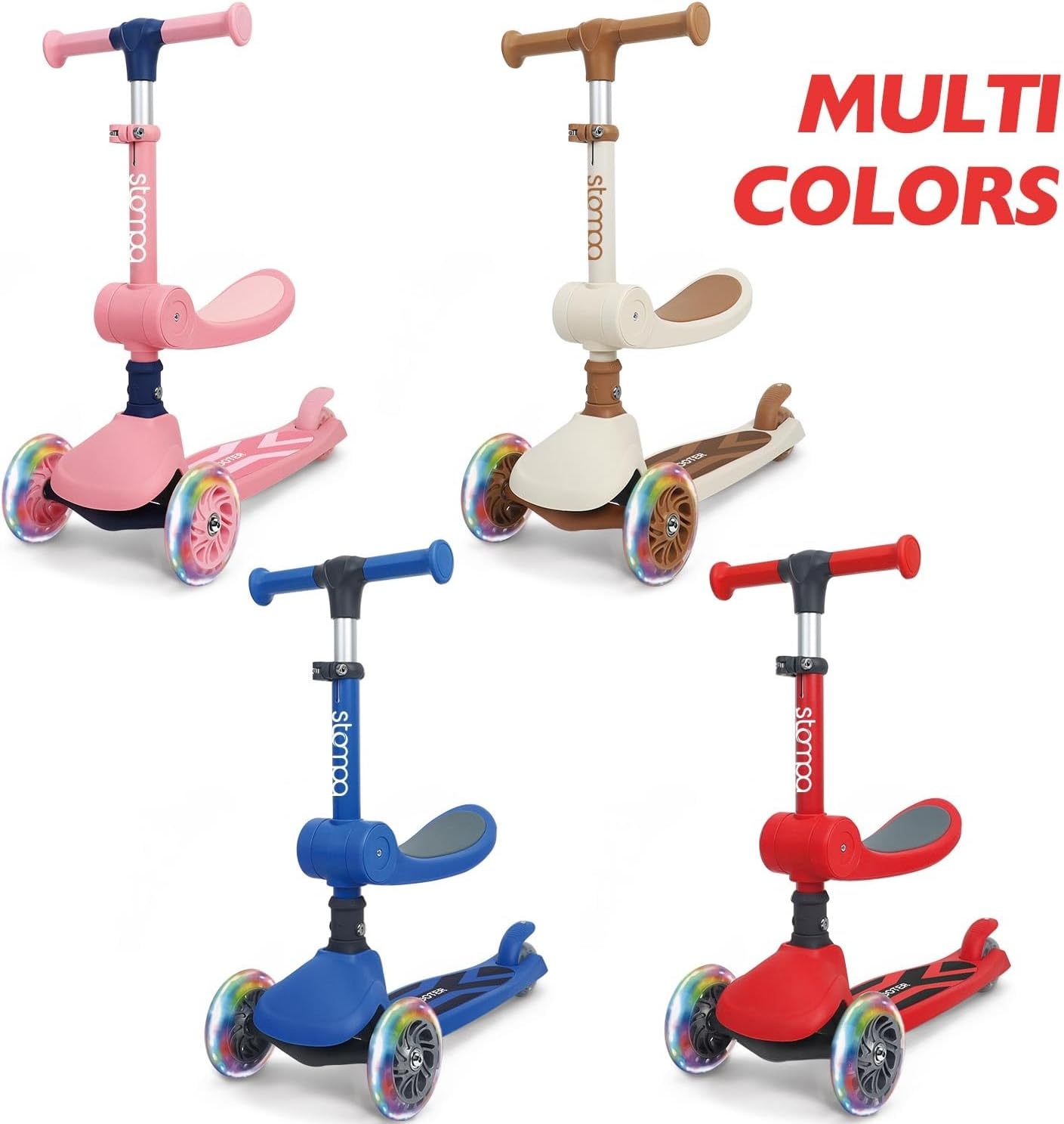 Stompa Kinderstep, 3 jaar, 2-in-1, kinderstep vanaf 2 jaar, tot 50 kg, met inklapbaar zitje en led-wielen, in hoogte verstelbaar, opvouwbaar, voor kleine kinderen, jongens en meisjes, rood