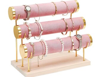 Armbandhouder 3 etages T-vormig, fluwelen sieradenstandaard met houten sokkel voor horloges, armbanden & haarspelden