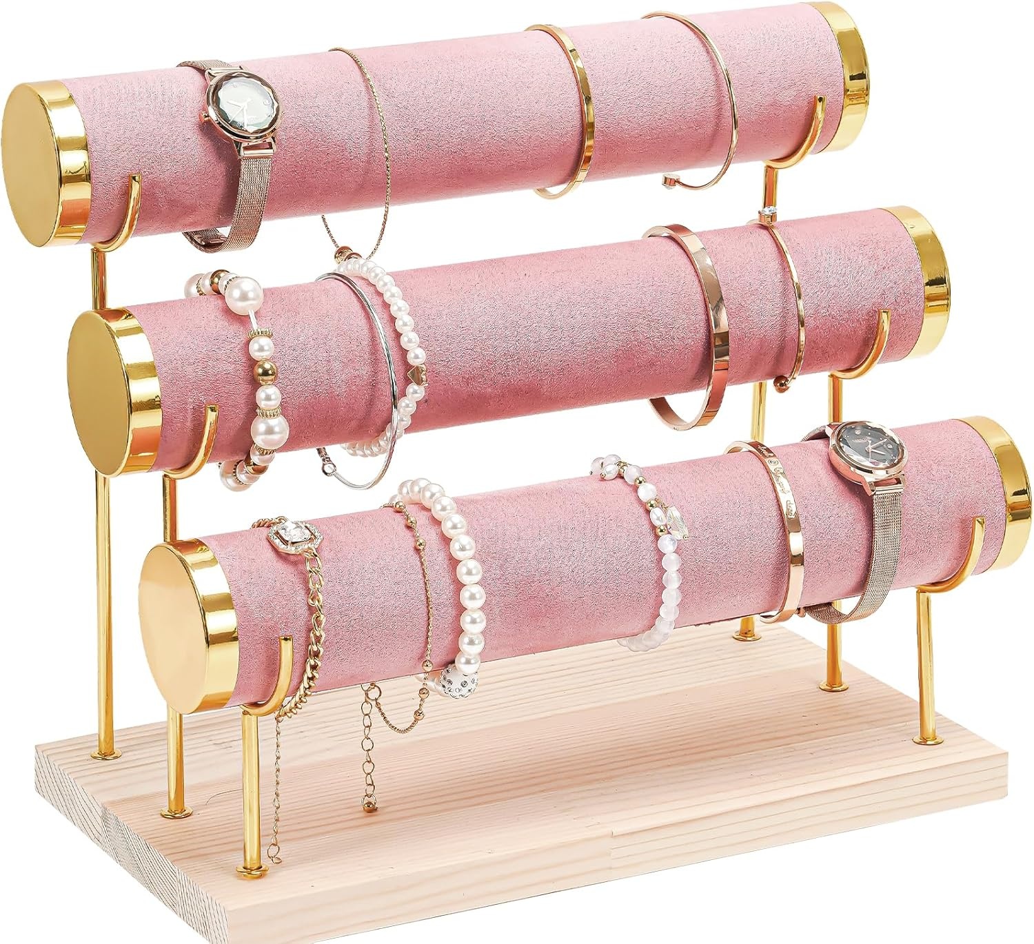 Armbandhouder 3 etages T-vormig, fluwelen sieradenstandaard met houten sokkel voor horloges, armbanden & haarspelden
