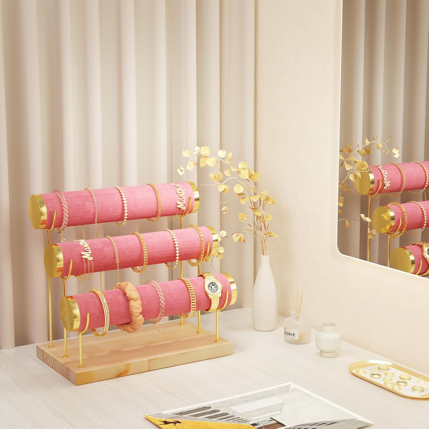 3-Etages Armbandenhouder (Roze Fluweel) - 55% Korting!
