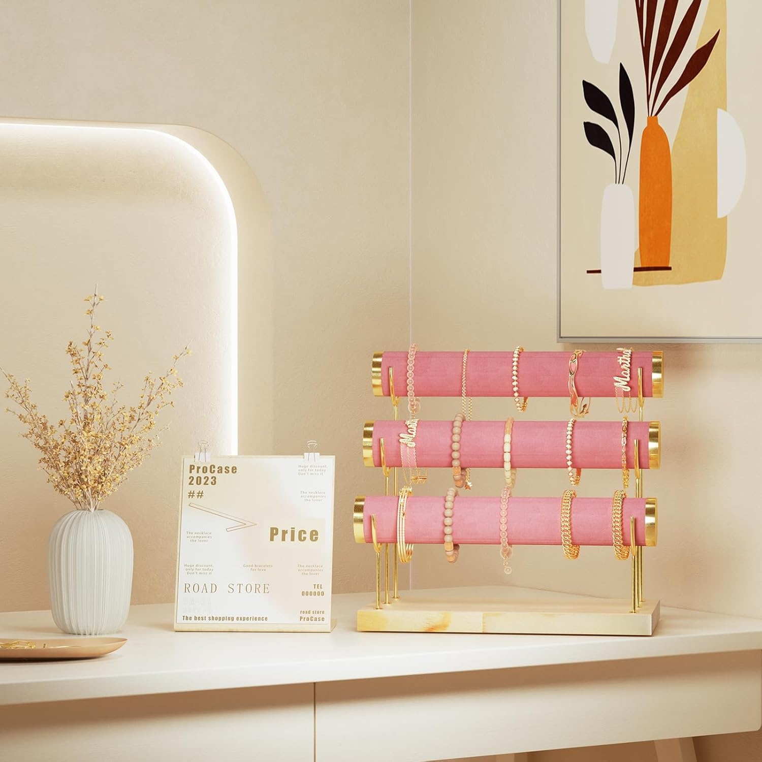 Armbandhouder 3 etages T-vormig, fluwelen sieradenstandaard met houten sokkel voor horloges, armbanden & haarspelden