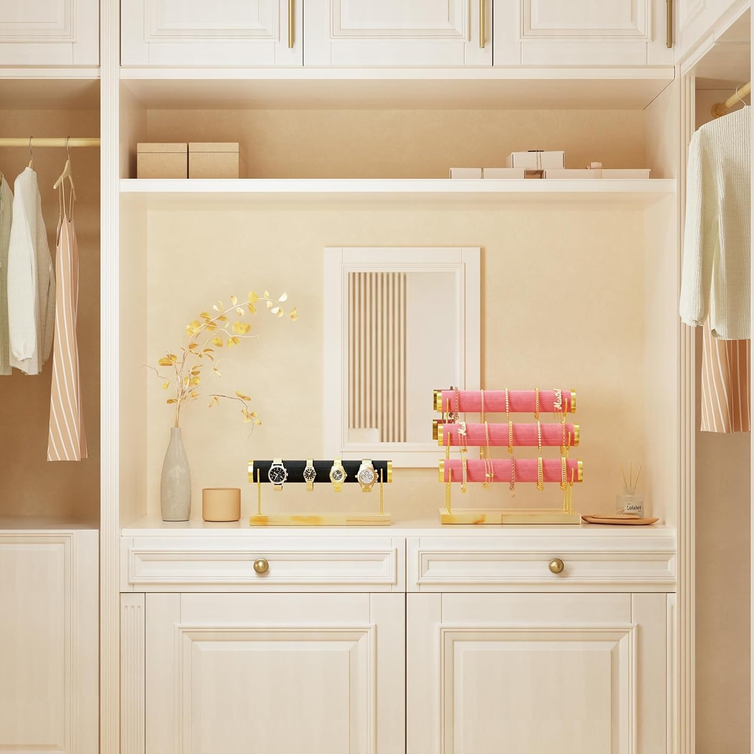 Armbandhouder 3 etages T-vormig, fluwelen sieradenstandaard met houten sokkel voor horloges, armbanden & haarspelden