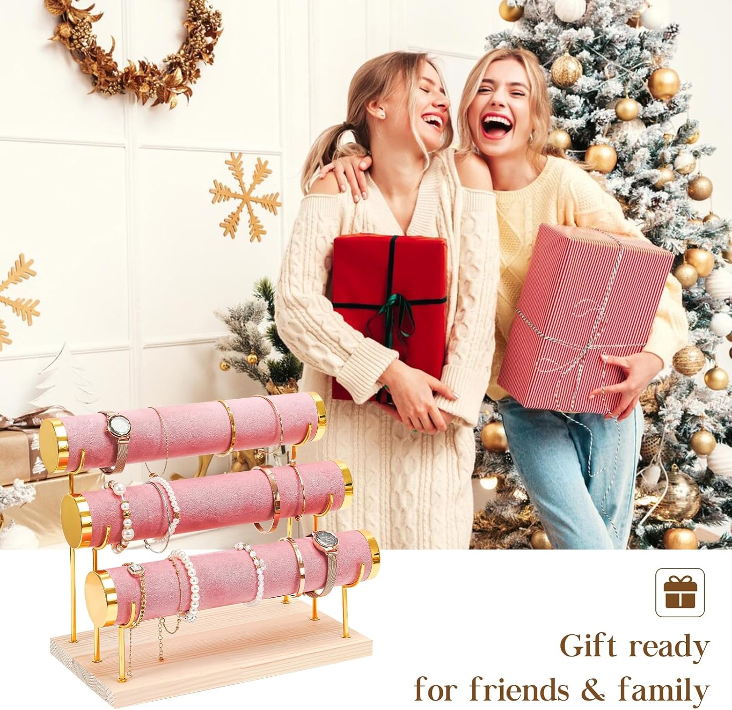 Armbandhouder 3 etages T-vormig, fluwelen sieradenstandaard met houten sokkel voor horloges, armbanden & haarspelden