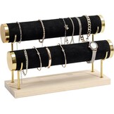 Armbandhouder 3 etages T-vormig, fluwelen sieradenstandaard met houten sokkel voor horloges, armbanden & haarspelden