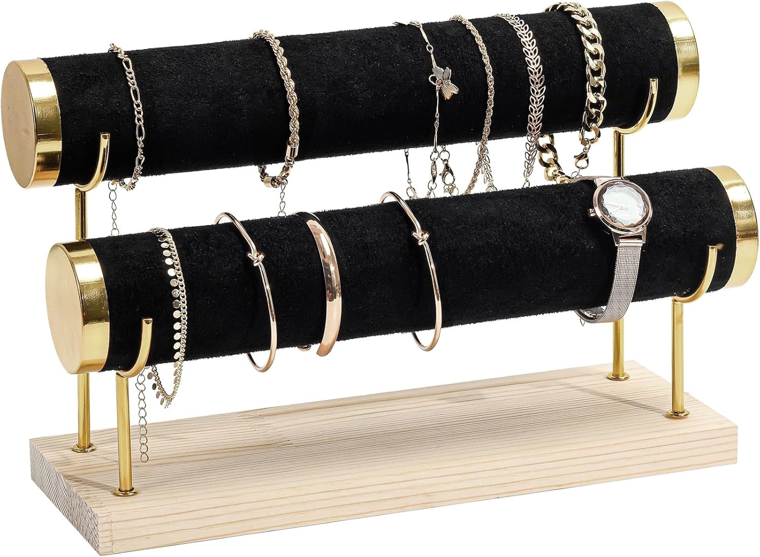 Armbandhouder 3 etages T-vormig, fluwelen sieradenstandaard met houten sokkel voor horloges, armbanden & haarspelden