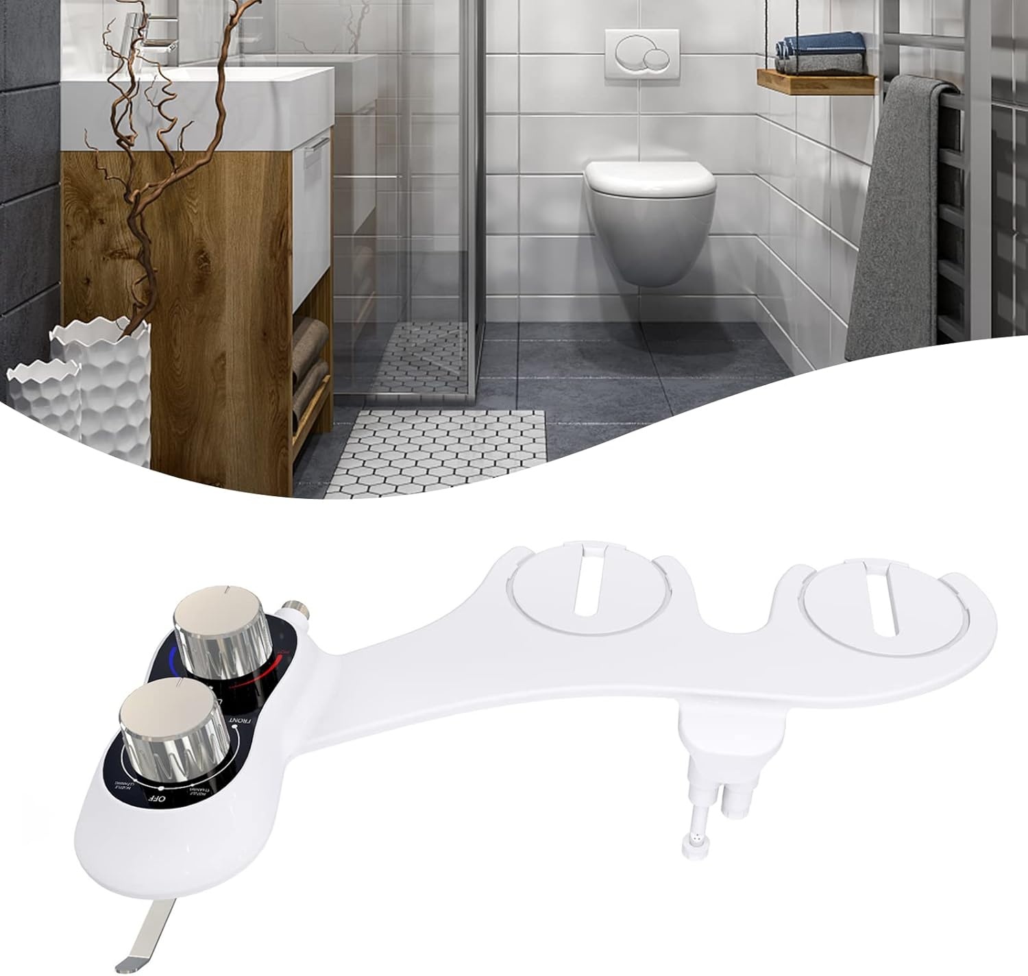 Bidet opzetstuk niet-elektrisch, dubbele zelfreinigende sproeiers, koud & warm water, instelbare druk, toiletpapierhouder