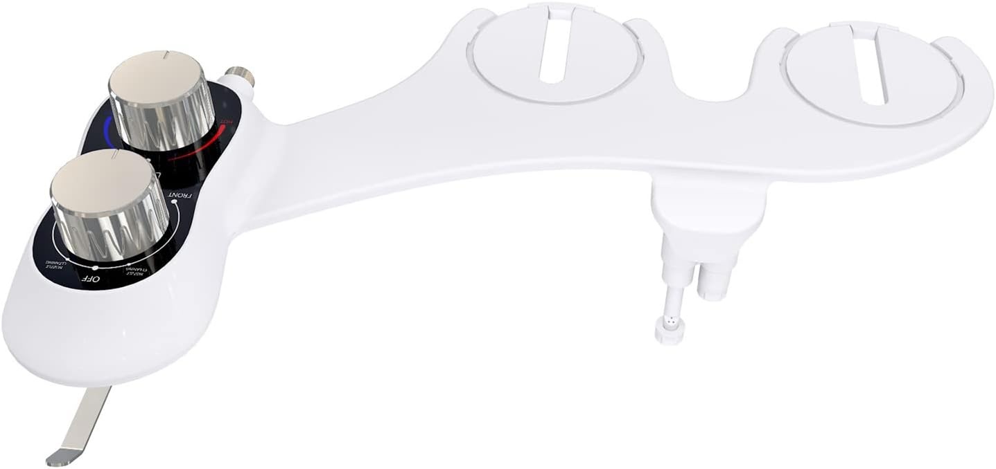 Bidet opzetstuk niet-elektrisch, dubbele zelfreinigende sproeiers, koud & warm water, instelbare druk, toiletpapierhouder