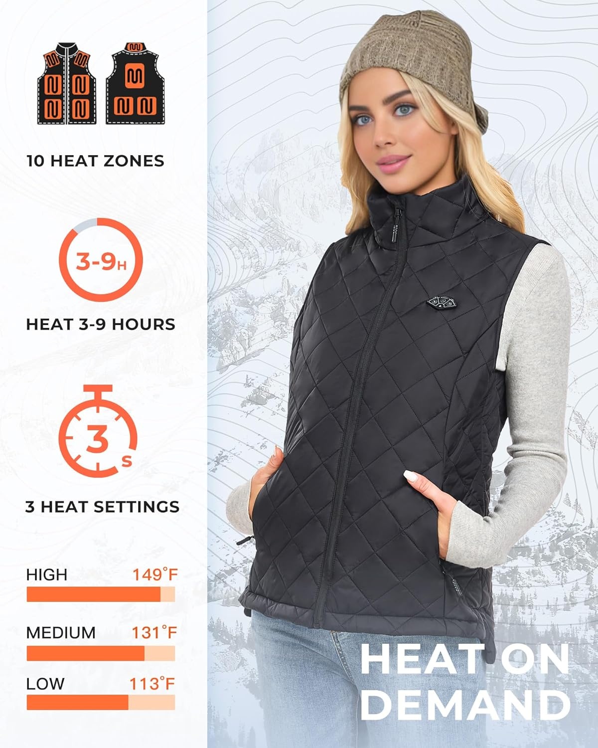 Verwarmd vest dames gewatteerd met 10 zones, 16000mAh 7.4V accupakket en 3 instelbare temperaturen, lichtgewicht voor outdoor