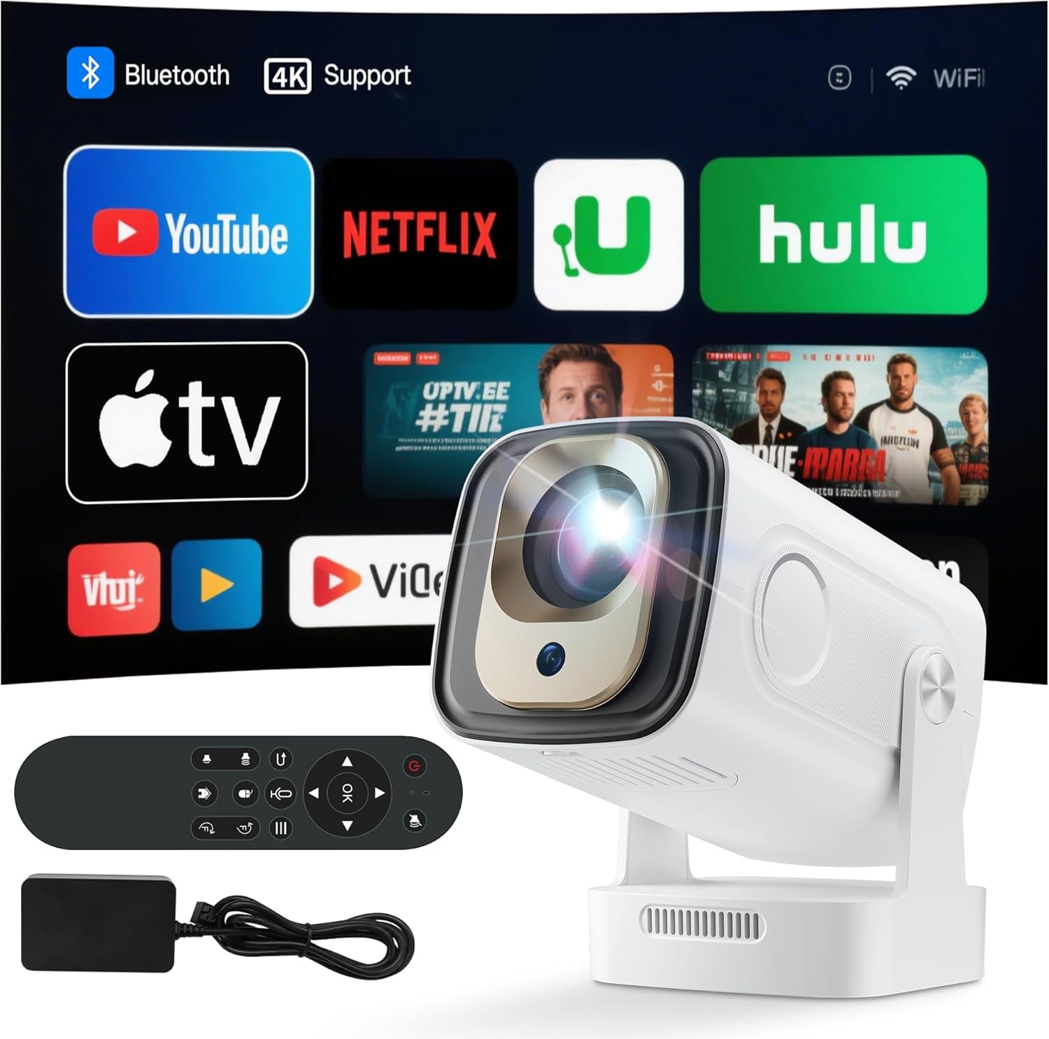 Draagbare beamer, 1080p, mini-projector, 4K, videoprojector, wifi 6, Android 11, voor 200 ANSI, externe luidspreker, telefoon/pc/lap/stick, HDMI thuisbioscoop, 180° rotatie, Bluetooth 5.4